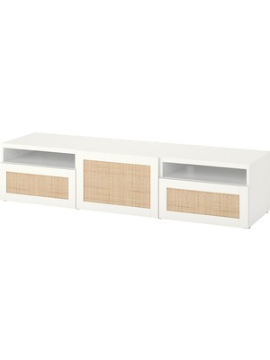 IKEA Beyaz Tv Sehpası 180X42X39 Cm, Tek Kapaklı, 2 Çekmeceli, Raflı