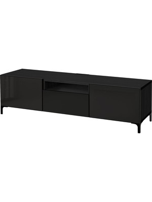 IKEA Venge-Füme Cam Tv Sehpası 180X42X48 Cm, 2 Cam Kapaklı, 1 Çekmeceli, Raflı
