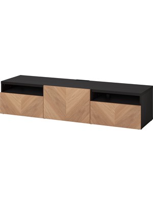 IKEA Venge-Meşe Tv Sehpası 180X42X39 Cm, Tek Kapaklı, 2 Çekmeceli, Raflı
