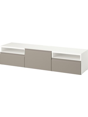 IKEA Beyaz-Bej Tv Sehpası 180X42X39 Cm, Tek Kapaklı, 2 Çekmeceli, Raflı