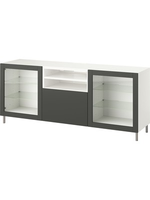 IKEA Beyaz-Koyu Gri Tv Sehpası 180X42X74 Cm, 2 Cam Kapaklı, 1 Çekmeceli, Raflı