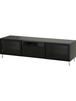 IKEA Koyu Gri-Antrasit Tv Sehpası 180X42X48 Cm, 2 Cam Kapaklı, 1 Çekmeceli, Raflı