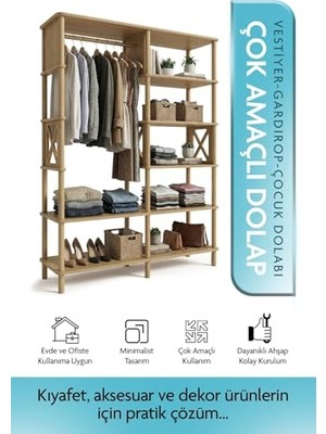 Çocuk Odası Açık Gardırop Askılı Raflı Mdf Kıyafet Dolabı Organizer Düzenleyici