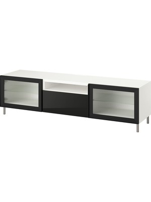 IKEA Beyaz-Antrasit Tv Sehpası 180X42X48 Cm, 2 Cam Kapaklı, 1 Çekmeceli, Raflı