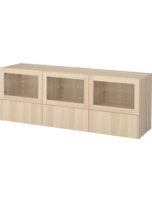 IKEA Ağartılmış Meşe Tv Sehpası 180X40X64 Cm, 3 Cam Kapaklı, 3 Çekmeceli, Raflı