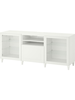 IKEA Beyaz Tv Sehpası 180X42X74 Cm, 2 Cam Kapaklı, 1 Çekmeceli, Raflı