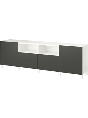 IKEA Beyaz-Koyu Gri Tv Sehpası 240X42X74 Cm, 2 Kapaklı, 2 Çekmeceli, Raflı