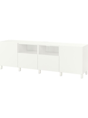 IKEA Beyaz Tv Sehpası 240X42X74 Cm, 2 Kapaklı, 2 Çekmeceli, Raflı