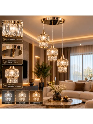 Dolunay Avize Dolunay Gold 3’lü Kristal Taşlı Sarkıt Avize Gold Renk Modern Lüks Tasarım