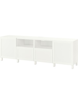 IKEA Beyaz Tv Sehpası 240X42X74 Cm, 2 Kapaklı, 2 Çekmeceli, Raflı