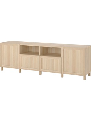 IKEA Ağartılmış Meşe Tv Sehpası 240X42X74 Cm, 2 Kapaklı, 2 Çekmeceli, Raflı