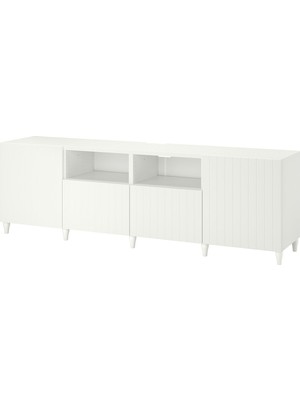 IKEA Beyaz Tv Sehpası 240X42X74 Cm, 2 Kapaklı, 2 Çekmeceli, Raflı