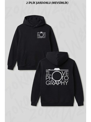 Zoka Wear Fotografciligi Seviyorum Fotografci Canon Nikon Ön Arka Baskılı Kapüşonlu Sweatshirt