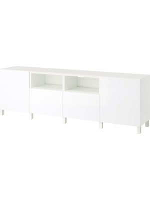 IKEA Beyaz-Parlak Beyaz Tv Sehpası 240X42X74 Cm, 2 Kapaklı, 2 Çekmeceli, Raflı