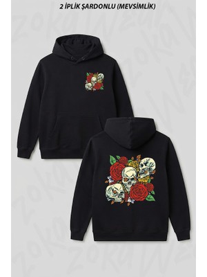 Zoka Wear Kafatasi Gul Bitki Ön Arka Baskılı Kapüşonlu Sweatshirt