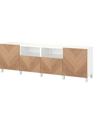 IKEA Beyaz-Meşe Tv Sehpası 240X42X74 Cm, 2 Kapaklı, 2 Çekmeceli, Raflı