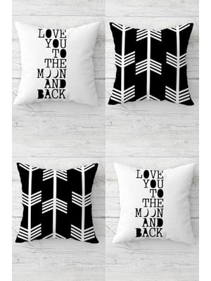 Kadıoğlu Ticaret Kırlent Kılıfı, Pelangi Love You To The Moon And Back Gizli Fermuarlı Koltuk Yastık Kılıfı TAKIM(4ADET), Beyaz Siyah 45 x 45