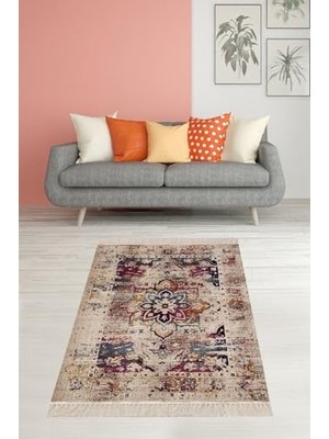 Kadıoğlu Ticaret Pelangi Batik Renk Geçişli Çiçek Desenli Dijital Baskı Yıkanabilir Kaymaz Taban Etnik Salon Halısı ve Yolluk, Koyu Bej-Mor 100 x 200