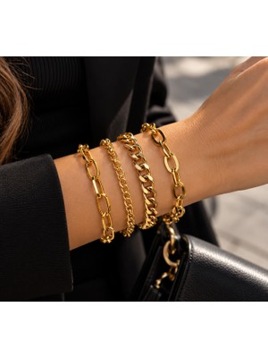 Adata Jewelry Çelik Altın Kaplama 4lü Kadın Kombin Bileklik Gold Renk / 19+4 cm Uzatma Zincirli