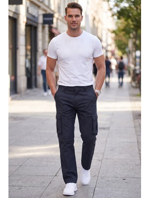 RizzUP Erkek Relaxed Fit Bol Kesim Likralı Lacivert Outdoor Kargo Pantolon – Çok Cepli Geniş Paça 1705421