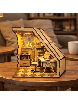 Trendexa Ahşap Maket — Algwooddesign Mini Study Room, 79 Parça Dıy Mini Çalışma Odası Modeli, Peri LED Dahil, Mdf 3D Puzzle, Hobi ve Dekorasyon Seti, 15 x 13,66 x 16,2 cm