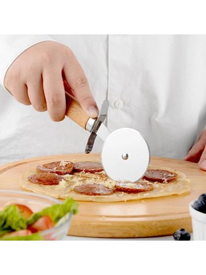 Trendexa Paslanmaz Çelik Ahşap Saplı Pizza Dilimleyici, Yuvarlak Pizza Kesici Bıçak, Hamur ve Waffle Kesici, Ergonomik Tasarım