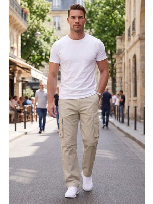 RizzUP Erkek Relaxed Fit Bol Kesim Likralı Açık Gri Outdoor Kargo Pantolon – Çok Cepli Geniş Paça 1705421