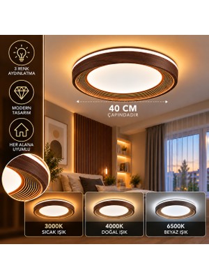 Dolunay Avize Dolunay Ahşap Görünümlü Yuvarlak LED Tavan Avizesi 3 Renk Aydınlatmalı Modern Tasarım 40 cm