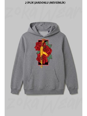 Zoka Wear Gul ve Silah Tasarim Ön Baskılı Kapüşonlu Sweatshirt