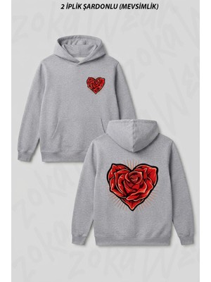 Zoka Wear Kalp ve Gul Tasarim Ön Arka Baskılı Kapüşonlu Sweatshirt