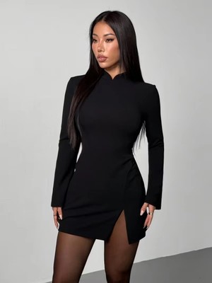 Defy Moda Kadın Uzun Kollu Hakim Yakalı Kısa Yırtmaçlı Ithal Krep Elbise