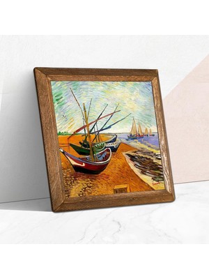 Vincent Van Gogh Balıkçı Tekneleri Taş Duvar Tablosu - Ahşap Çerçeveli Taş Tablo - 25X25 cm - Dekoratif Duvar Sanatı - Modern Ev ve Ofis Duvar Dekoru