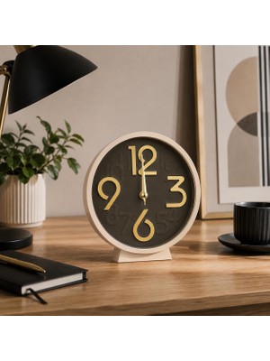 Altın Detaylı Yuvarlak Masa Saati, Kahverengi Kadran, 17 cm KC004