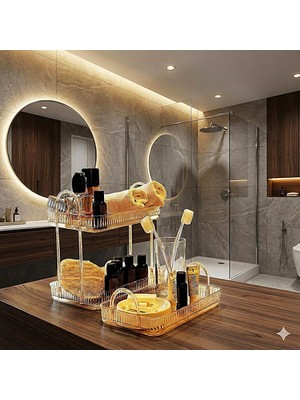 Banyo Düzenleyici Organizer Banyo Rafı (Amber Sarı, Tek + Iki Katlı Set)