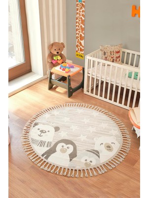 Bercario Kids 9271 Yıldızlı Hayvan Figürlü Yuvarlak Dokuma Çocuk Odası Halısı Yumuşak Bebek Odası Halısı