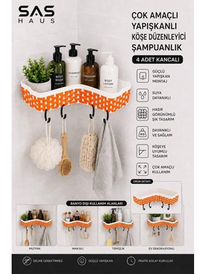 Hasır Görünümlü Yapışkanlı Köşe Şampuanlık 4 Kancalı Plastik Banyo Düzenleyici, Beyaz-Turuncu Hasır