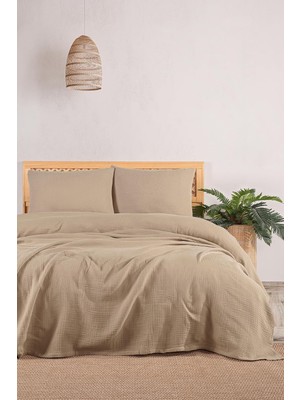 Müslin Yatak Örtüsü Seti, Şık Düz Renk 100% Pamuk 4 Kat Muslin Tek/çift Kişilik Yastık Kılıflı Pike Takımı, Denizli Üretimi (Bej, Çift Kişilik Set (23