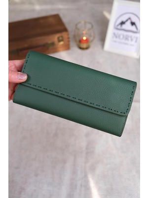 Norvi Leather Saraciye Dikişli Telefon Bölmeli Hakiki Deri Cüzdan Yeşil 1052 Yeşil
