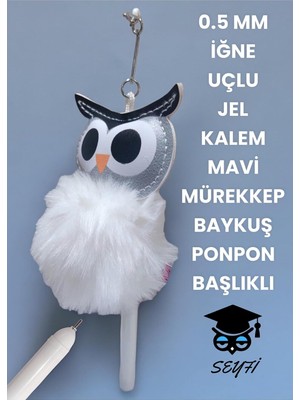 0.5 mm Iğne Uçlu Jel Tükenmez Kalem Mavi Mürekkep Baykuş Ponpon Başlıklı