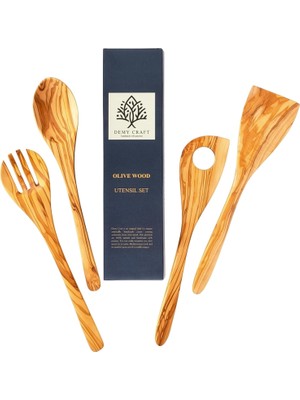 Zeytin Ağacı El Yapımı 4 Parça Mutfak Seti, Ahşap Kaşık, Çatal, Spatula, Delikli Spatula 30 cm