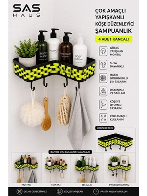 Hasır Görünümlü Yapışkanlı Köşe Şampuanlık 4 Kancalı Plastik Banyo Düzenleyici, Neon Sarı