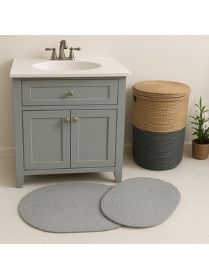 Doğal Örgü Oval Banyo Paspas Seti – 2'li El Yapımı Pamuklu Paspas Gri 90 x 60