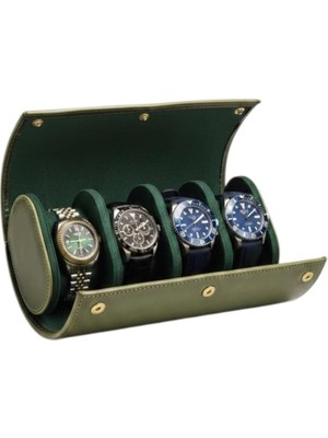 4'lü Deri Saat Kutusu Silindir Tasarım Taşınabilir Saat Saklama Organizer 24X11X7 cm (Haki)