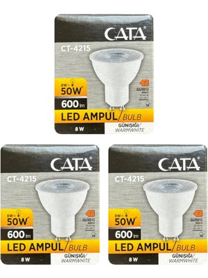 8W (50W) 3000K Sarı Işık GU10 Duylu LED Spot Ampul, 3 Adet