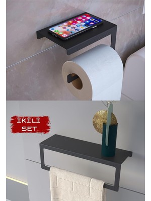 Metal Modern Banyo Askılığı ve Tuvalet Kağıdı Askılığı Ikili Set Siyah