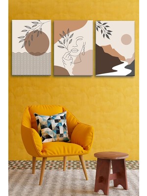 3'lü Bohem Kanvas Tablo Seti 3 - Modern Boho Duvar Dekoru - Geometrik ve Modern Çizgili 3 Parça Tablo (50 x 70 Cm)