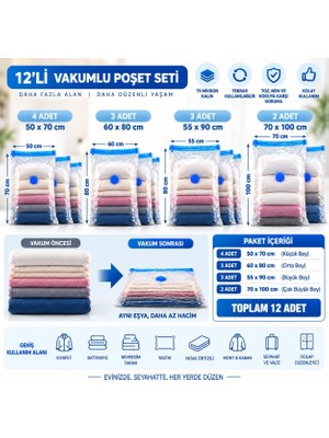 12'li (4 Ad. L + 3 Ad. Xl + 3 Ad. Xl + 2 Ad. Xxl) Vakumlu Saklama Poşeti Vakumlu Poşet - Vakumlu Hurç - Vakumlu Torba