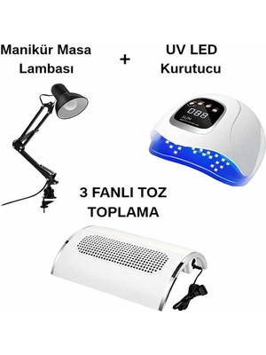Protez Tırnak Seti, Manikür Masa Lambası + Uv LED Kurutucu + 3 Fanlı Toz Toplama, Beyaz
