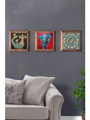 Oscar Stone Decor Masif (Ahşap) Çerçeveli 3'lü Set Taş Tablo Pano 28X28 cm Şahmeran Fil