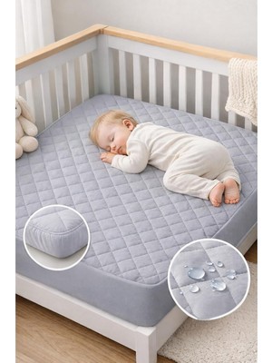 %100 Pamuk Renkli Kapitone Fitted Su Sıvı Geçirmez Bebek-Çocuk Alezi, Park Yatak Beşik Yatak Alezi (Gri, 80 x 130)